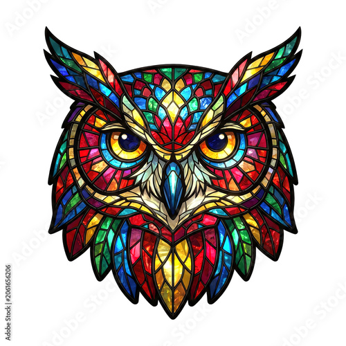 Vibrant stained glass owl head portrait. Colorful geometric mosaic bird illustration on black background.