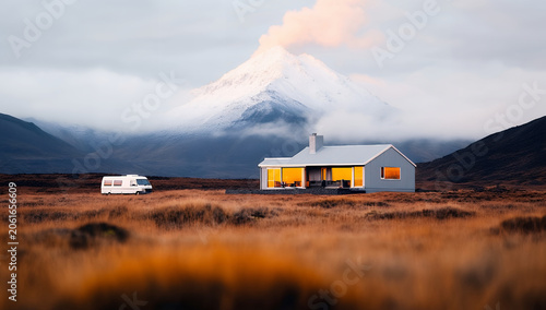 Modern minimalist home with glowing windows and a camper van in a remote landscape under a smoking snow-capped volcano