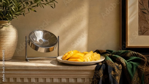 mantel. Miniature steel drum, mango and pineapple platter, green black gold textile, Caribbean decor. event programs, museum guides, designed for cultural heritage projects and event programs.