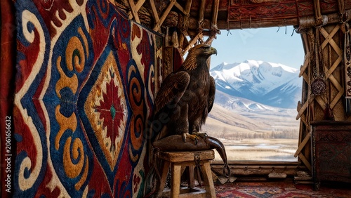 yurt. Colorful felt shyrdak rug on yurt lattice, golden eagle on glove, Central Asian nomadic concept. event programs, museum guides, designed for cultural heritage projects and event programs.