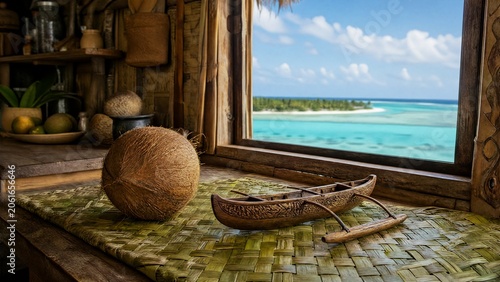 outrigger. Pandanus mat with coconut and outrigger canoe model, tropical island culture. event programs, museum guides, designed for cultural heritage projects and event programs.