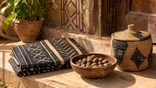 shea. Mud cloth fabric with shea nuts and woven basket, West African craft and natural decor. event programs, museum guides, designed for cultural heritage projects and event programs.