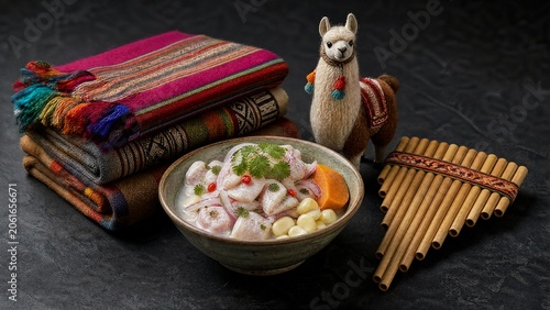 ceviche. Peruvian Independence Day bundle: ceviche, wool textiles, llama figurine, and pan flute on slate surface. event programs.