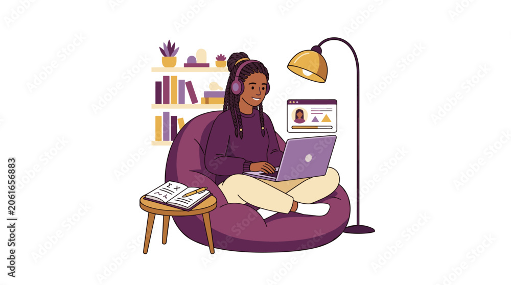 Fototapeta premium A pixel art illustration of a woman working or studying from home, comfortably seated on a bean bag chair with a laptop, wearing headphones, surrounded by a bookshelf and a lamp, depicting remote