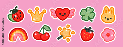 Vector set of kawaii glitter stickers with ladybug, rainbow, cherry, flower, clover, crown, heart and cute bunny. Sparkly patch elements for kids, planner, scrapbook and Y2K design.