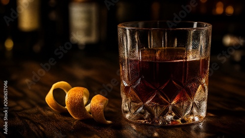 amaro. Amber amaro liquor in a crystal glass with an orange peel twist. bar promotions, beverage menus, designed for product packaging and bar promotions, used by social media managers.