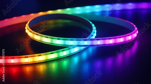 Colorful LED Light Strips Glowing on Dark Surface