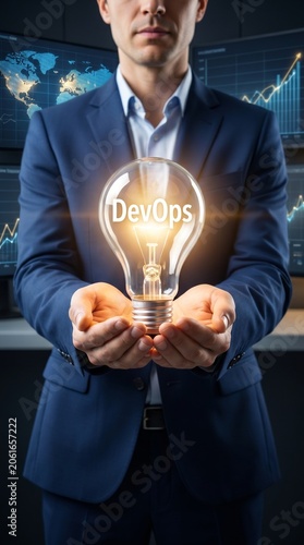 A businessman hands holding a glowing lightbulb with a DevOps text in a CI/CD Pipeline Workflow Visualization concept