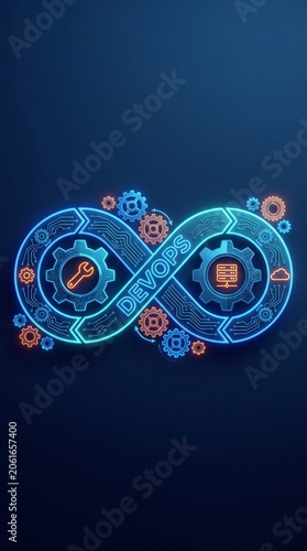 A glowing infinity loop with mechanical gears and icons in a CI/CD Pipeline Workflow Visualization tech diagram