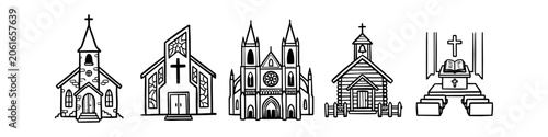 Fotografie Set of hand-drawn church building icons and an altar