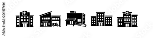 Set of hand-drawn hospital and clinic building icons in black silhouette style. Minimalist doodle illustrations of medical centers, emergency rooms, and healthcare facilities on white background.