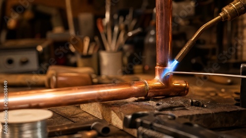 torch. A craftsman's workbench with a torch flame focused on a copper joint. safety posters, maintenance manuals, designed for precision metalworking and fabrication facilities, improves efficiency.