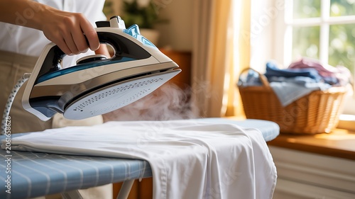 Person Ironing White Shirt with Steam Iron in Bright Room