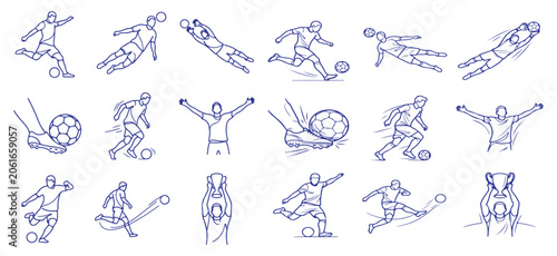 soccer and football player action icons vector set.