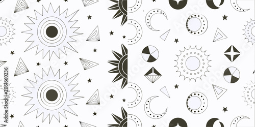 Φωτογραφία Celestial Pattern With Suns Moons And Stars Black And White