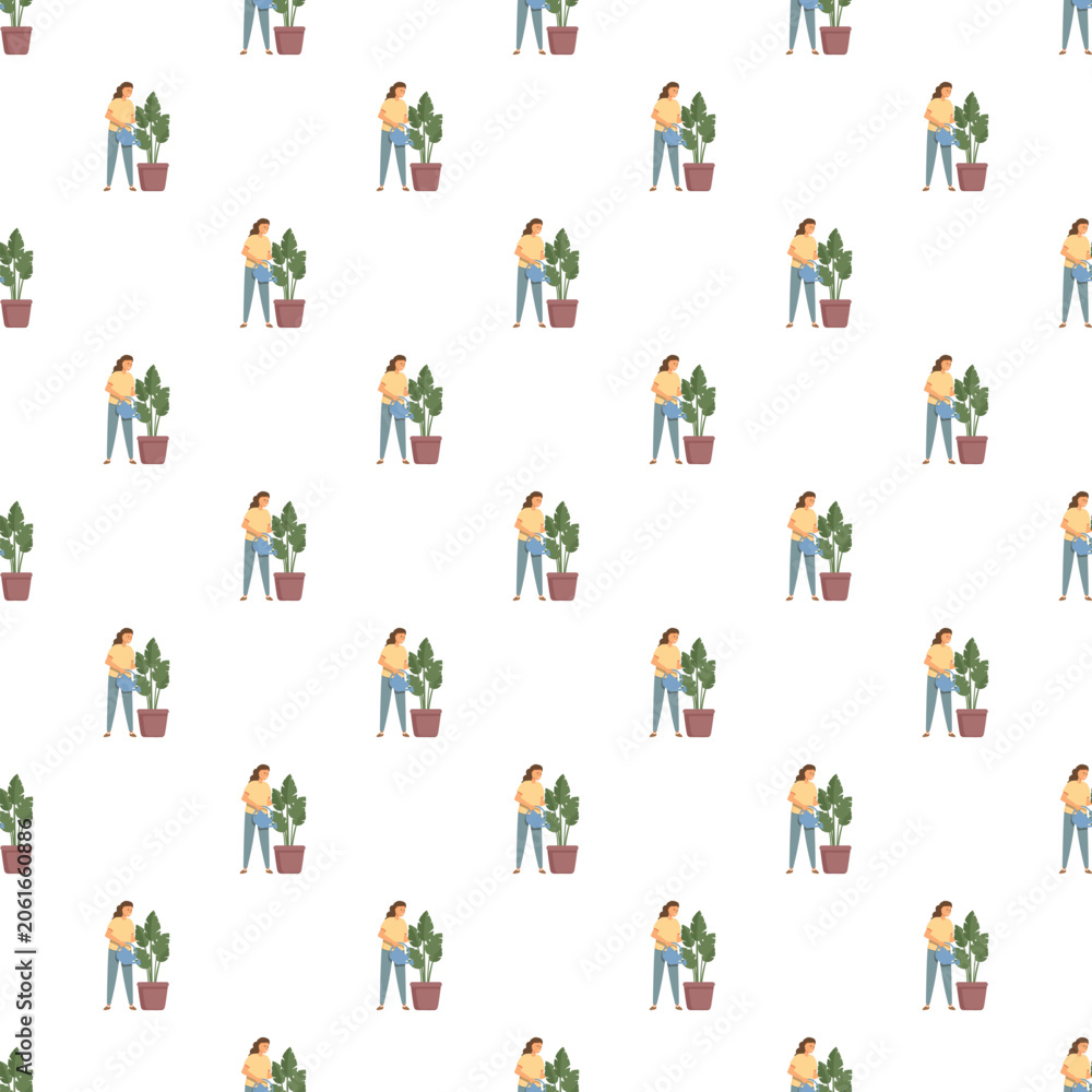 Naklejka premium Woman standing next to a potted plant, holding a watering can in a seamless tile pattern