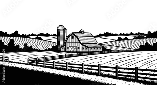 Rustic Farmstead Landscape Line Art Illustration