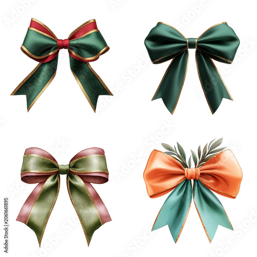 Elegant Christmas ribbon bows set with golden trim design elements