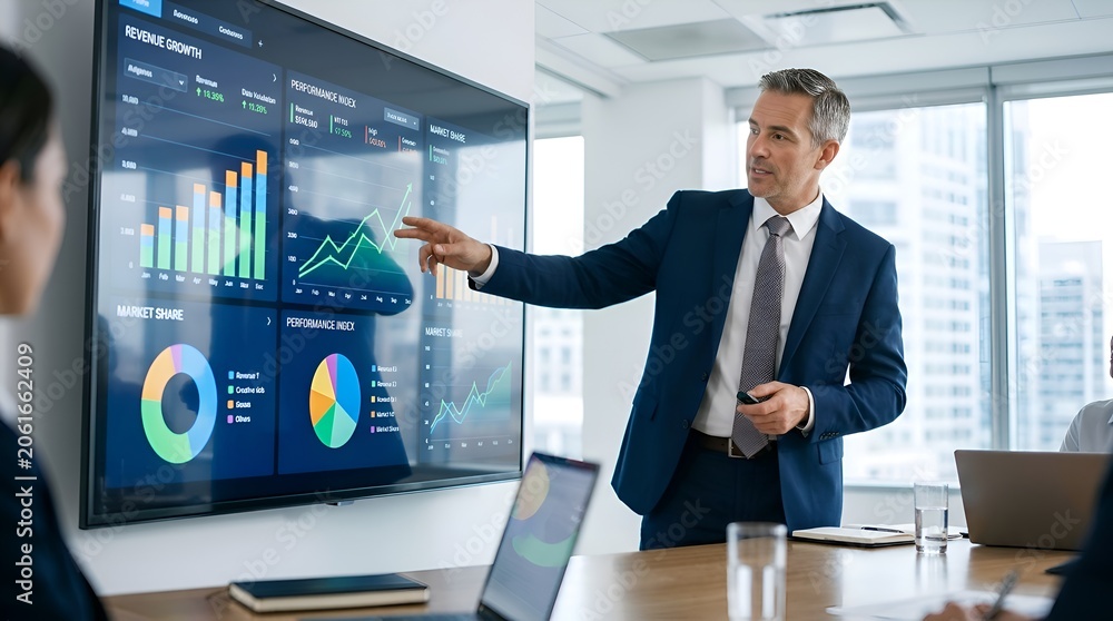 Obraz premium Business professional presenting financial data on a large screen during meeting