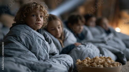 Group of eight-year-olds in sleeping bags spread across a living room floor on a first sleepover, flashlights making shadows on the ceiling, one child wide-eyed with excitement