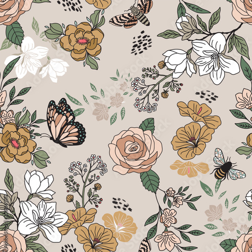 Pastel Floral Garden with Pollinators Vector Seamless Pattern 