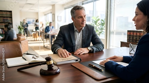Lawyer discussing legal case with client at desk, office setting with colleagues