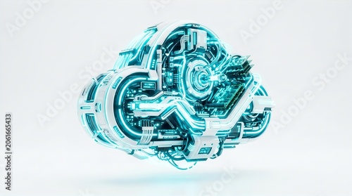 Futuristic Cloud Computing Database with Glowing Blue Circuits and Mechanical Parts for High Tech Data Storage