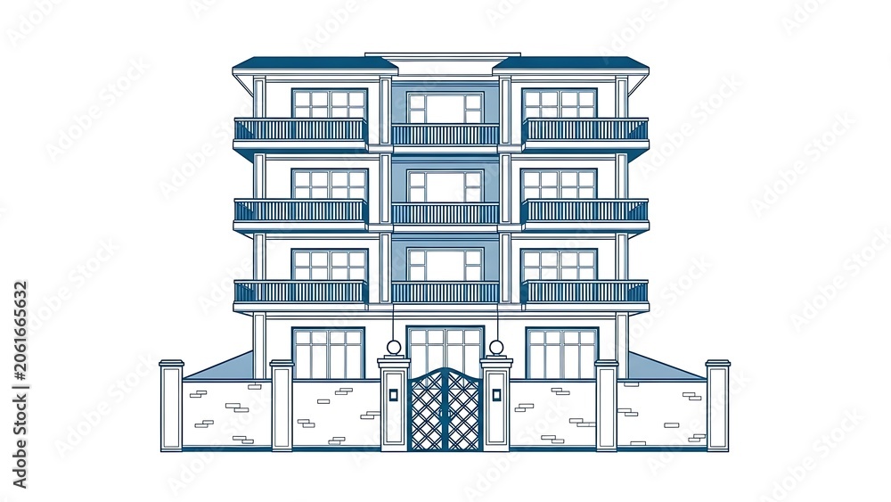 Fototapeta premium Modern Apartment Building Facade with Balconies and Gated Entrance