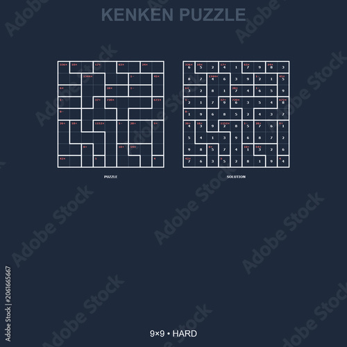 Hard 9x9 KenKen math puzzle with solution. Dark blue background complex logic brain teaser. Ultimate challenging printable worksheet for experts