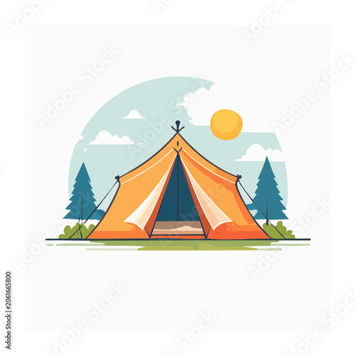 Flat design house with sun and mountains illustration