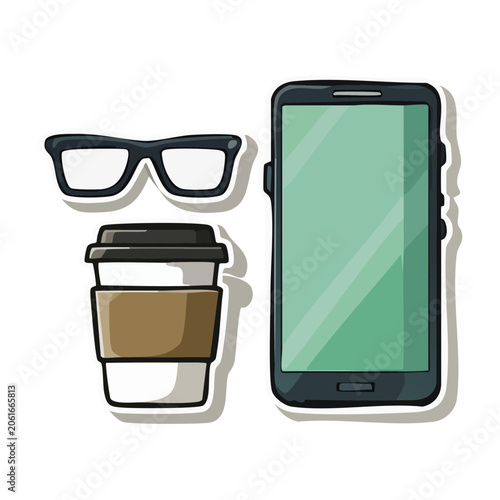Flat design illustration of smartphone, coffee cup, and glasses