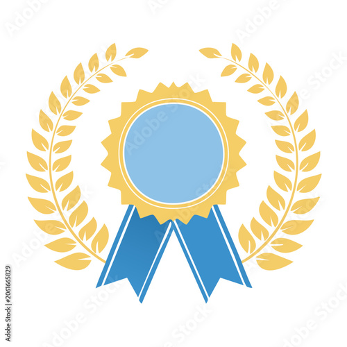 Gold award badge with laurel wreath and blue ribbon