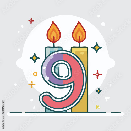 Number 9 Birthday Candle with Flames and Sparkles