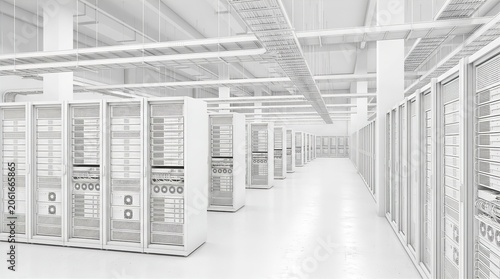 Obraz na płótnie Modern White Data Center Server Room with Rows of Computer Racks for Cloud Computing and IT Infrastructure