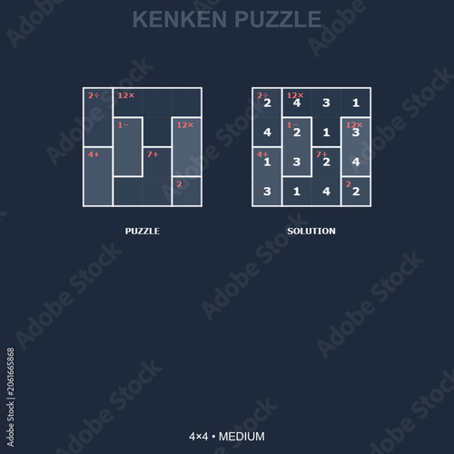 Medium difficulty 4x4 KenKen math puzzle with solution. Dark blue background logic brain teaser with arithmetic cages. Printable worksheet for adults
