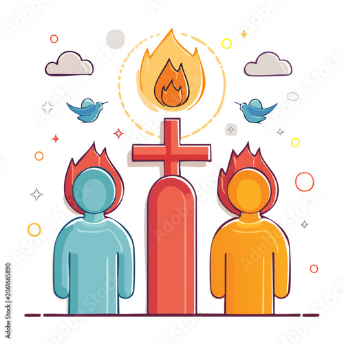 Religious figures with flames and cross illustration