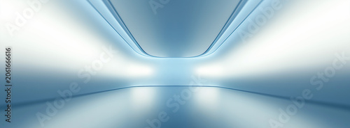 Futuristic blue interior background featuring smooth curved architecture, reflective flooring, walls and luminous ceiling lighting. Modern abstract space emphasizes innovation, advanced technology.