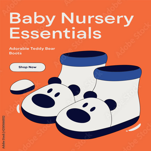 Cute baby nursery essentials poster featuring adorable teddy bear boots, flat vector illustration, playful children's design, soft colors, clean shapes, minimal style, nursery product advertisement, m