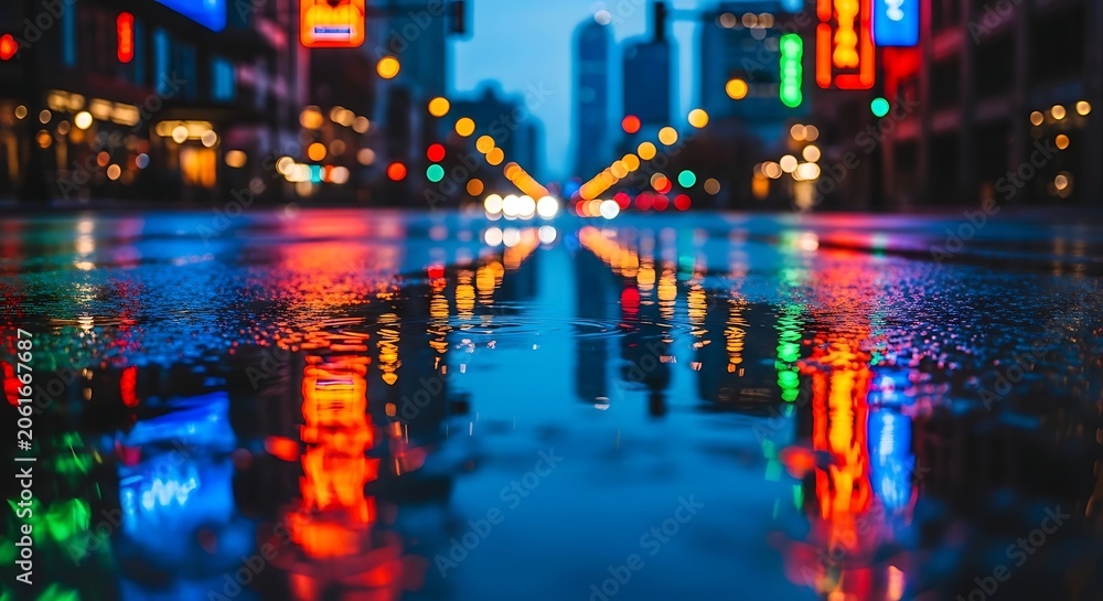 Fototapeta premium Blurred City Street Lights Reflected in Rain Puddle at Night.