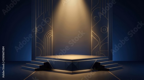 Elegant stage with golden light and intricate blue decorative pillars
