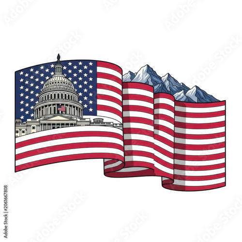 Stack of books with american flag design and waving effect on side