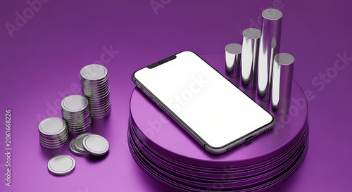 Smartphone on purple financial platform with silver bar graph and stacks of coins smartphone investment business technology currency financial marketing