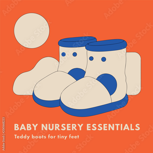 Cute baby nursery essentials poster featuring adorable teddy bear boots, flat vector illustration, playful children's design, soft colors, clean shapes, minimal style, nursery product advertisement, m