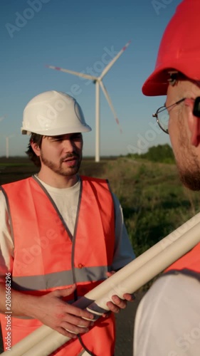 Senior engineer hands over wind turbine restoration and improvement plan to field worker at wind farm site. Man in white hard hat explains new updates in detail while holding technical documentation