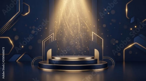 Futuristic podium with glowing light beam and cosmic background
