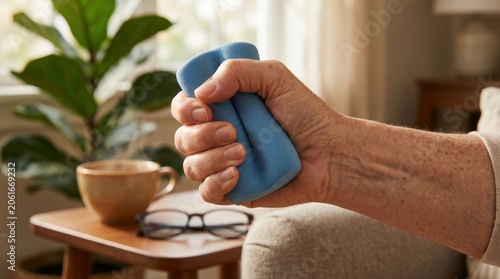 Mature hand squeezing grip trainer in close-up, showing tactile hand strength, dexterity and functional independence wellness routine.