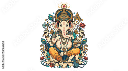 Photos Ganesh, Hindu God, Elephant Head, Sitting on Lotus, Om Symbol, Peacock Feathers,