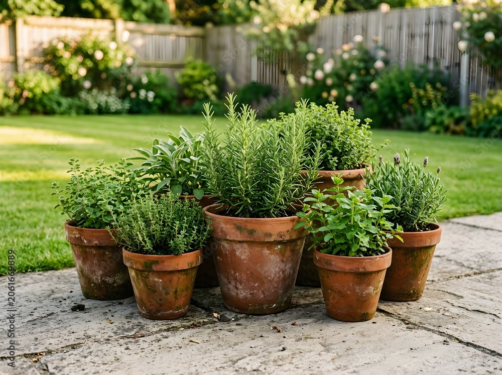 Fototapeta premium Terracotta potted plants arranged on a backyard stone patio