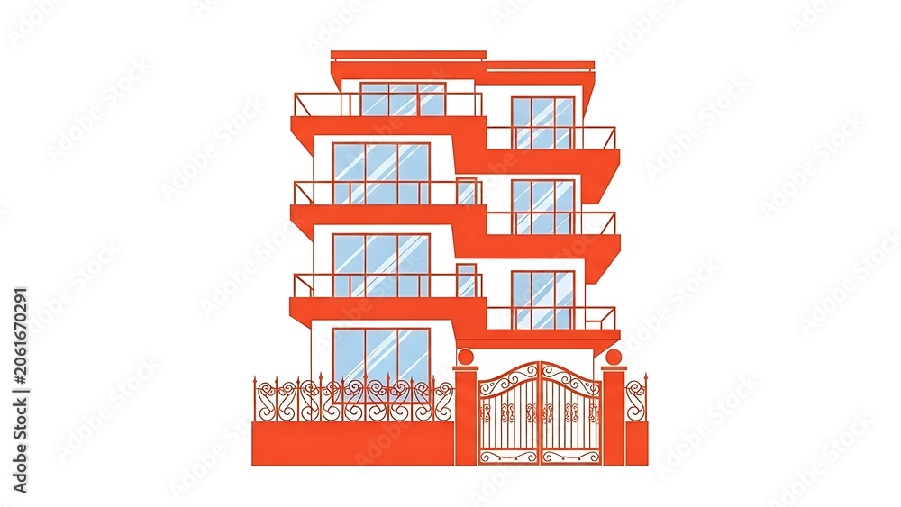 Fototapeta premium Modern Apartment Building with Balconies and Gated Entrance