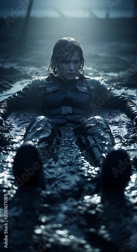 Exhausted soldier lying in a dark muddy trench at night.